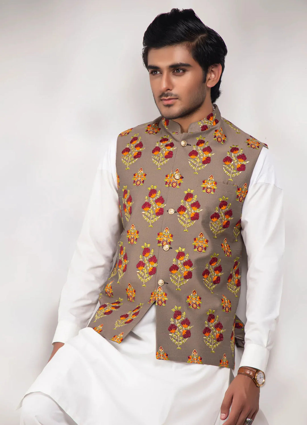 Edge Republic Kurta Pajama And Waist Coat ER WC 1011 Beige Flower Embroided  Waist Coats