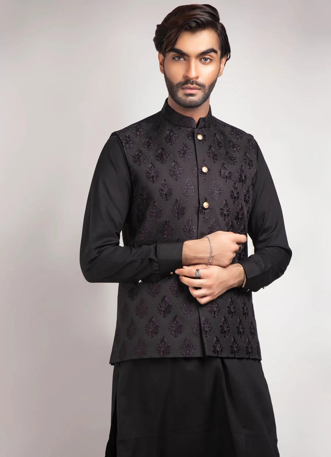 Edge Republic Kurta Pajama And Waist Coat ER WC 1014 Black Self Embroided Waist Coat