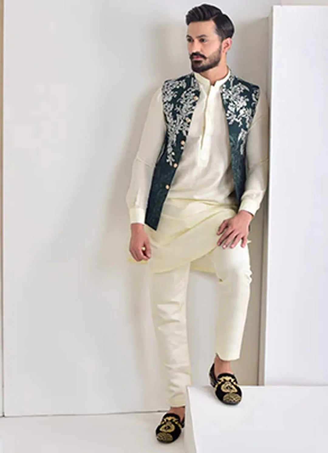 Edge Republic Kurta Pajama And Waist Coat ER WC 1017 Green Silver Embroided Waist Coat