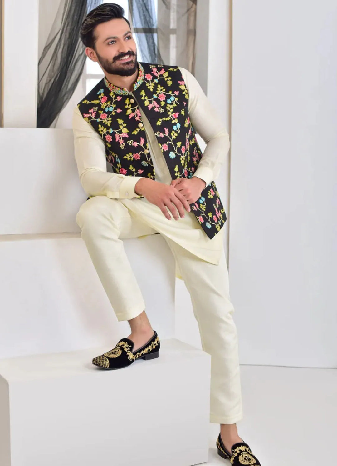 Edge Republic Kurta Pajama And Waist Coat ER WC 1019 Black Multi Colored Flower Embroided Waist Coat