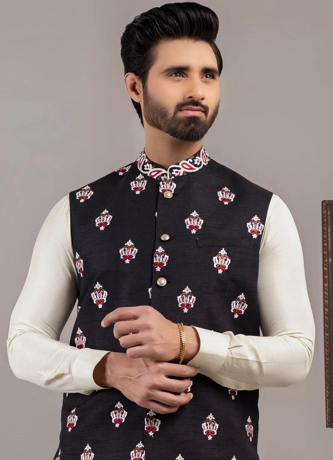 Edge Republic Kurta Pajama And Waist Coat ER WC 1039 Black Emblem Waist Coat