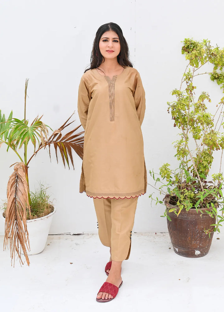 Eman Butt Pret Solid Khaadi Silk 2 Piece Suit Khaki