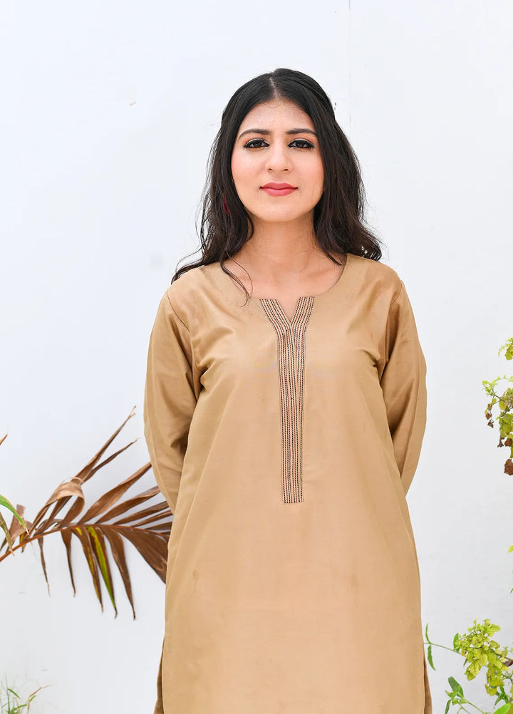 Eman Butt Pret Solid Khaadi Silk 2 Piece Suit Khaki