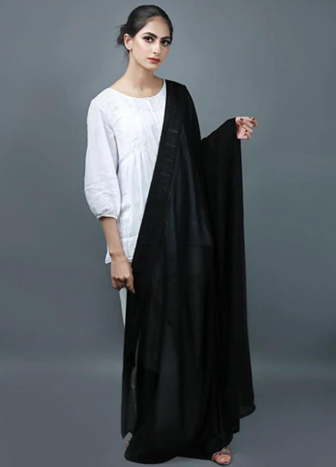 Abaya pk Embroidered Chiffon Chadar ABA22EC BLACK FLORAL - Embroidered Chadar