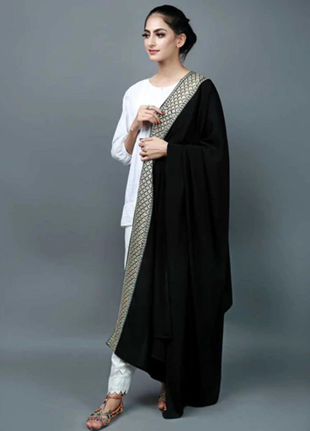 Abaya pk Embroidered Chiffon  Chadar ABA22EC TRADITIONAL BEIGE AND BLUE - Embroidered Chadar