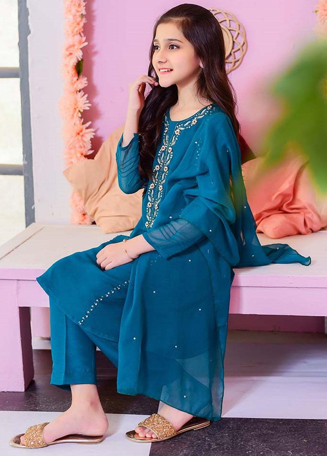 Ochre Girls 3 Piece - Emerald Green Chiffon 3 Pc Suit OFW-313