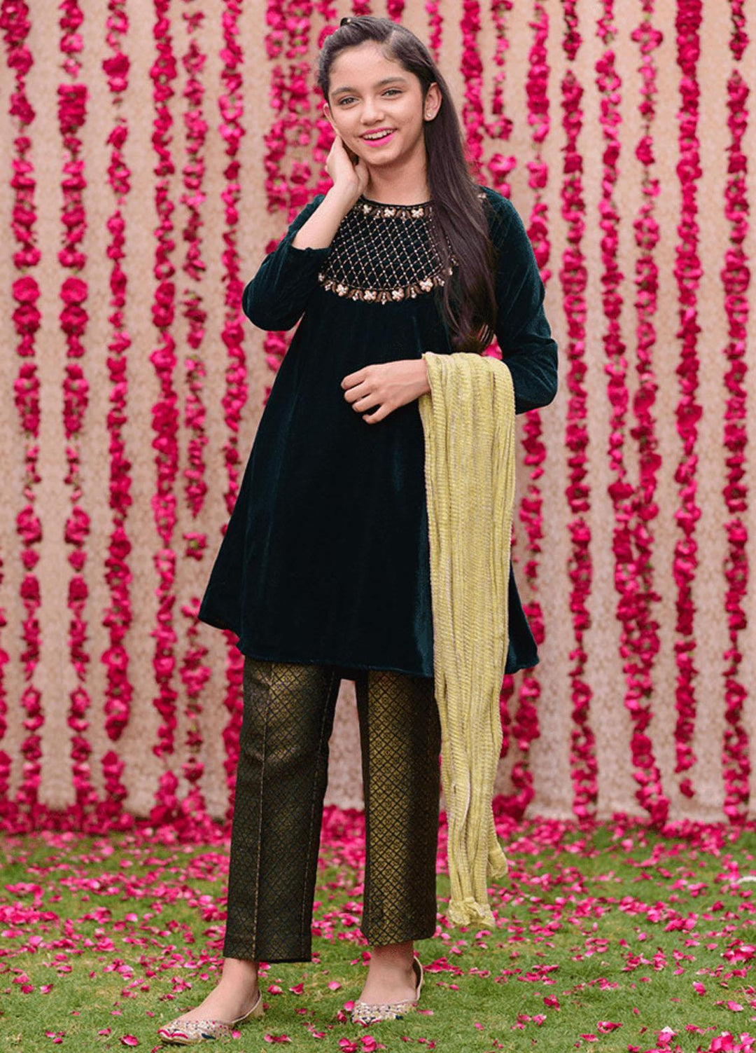 Ochre 3 Piece for Girls - Emerald Green Velvet 3 Piece Suit OVF-13