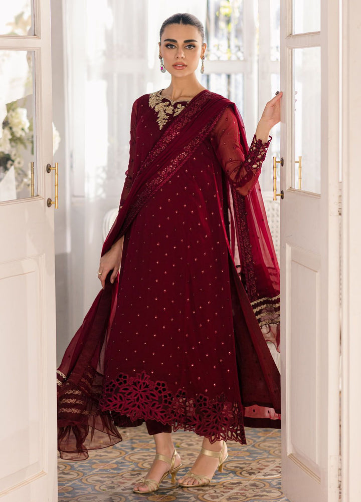 Ensembles by Azure Embroidered Chiffon Suits Unstitched 3 Piece AZU24EF ES-050 Garnet Glam - Festive Collection