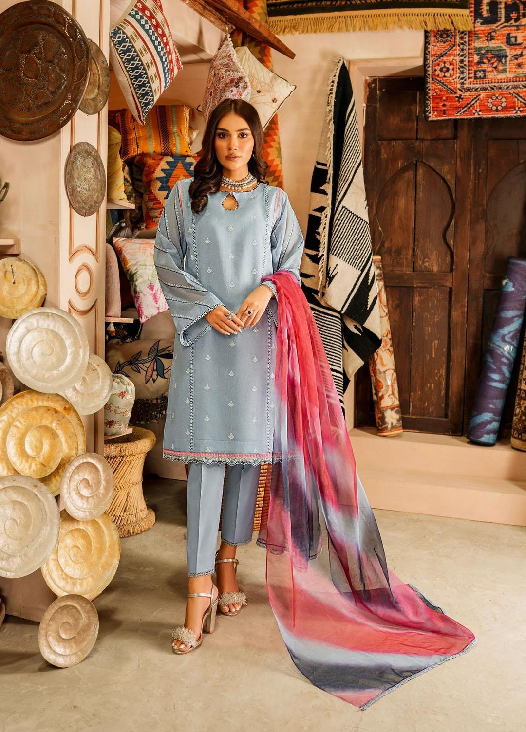 Shurooq Casual Pret Embroidered Cotton 3 Piece Suit SHQ21E BLEU CIEL