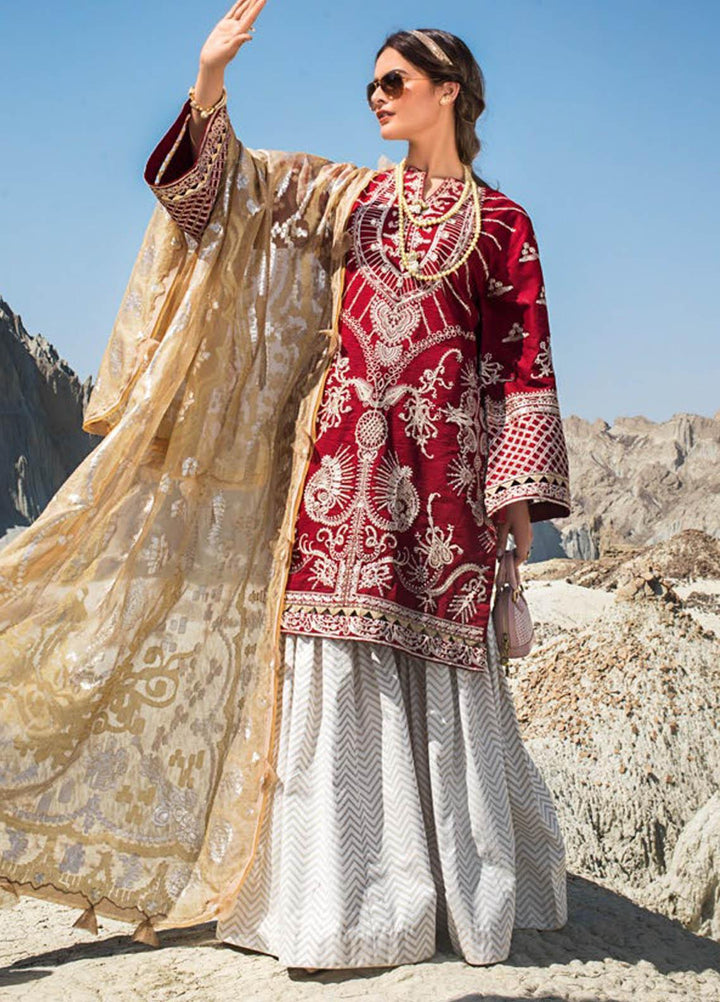 Erum Khan Embroidered Lawn Suits Unstitched 3 Piece EK21L 06 Ethnic Scarlet - Luxury Summer Collection