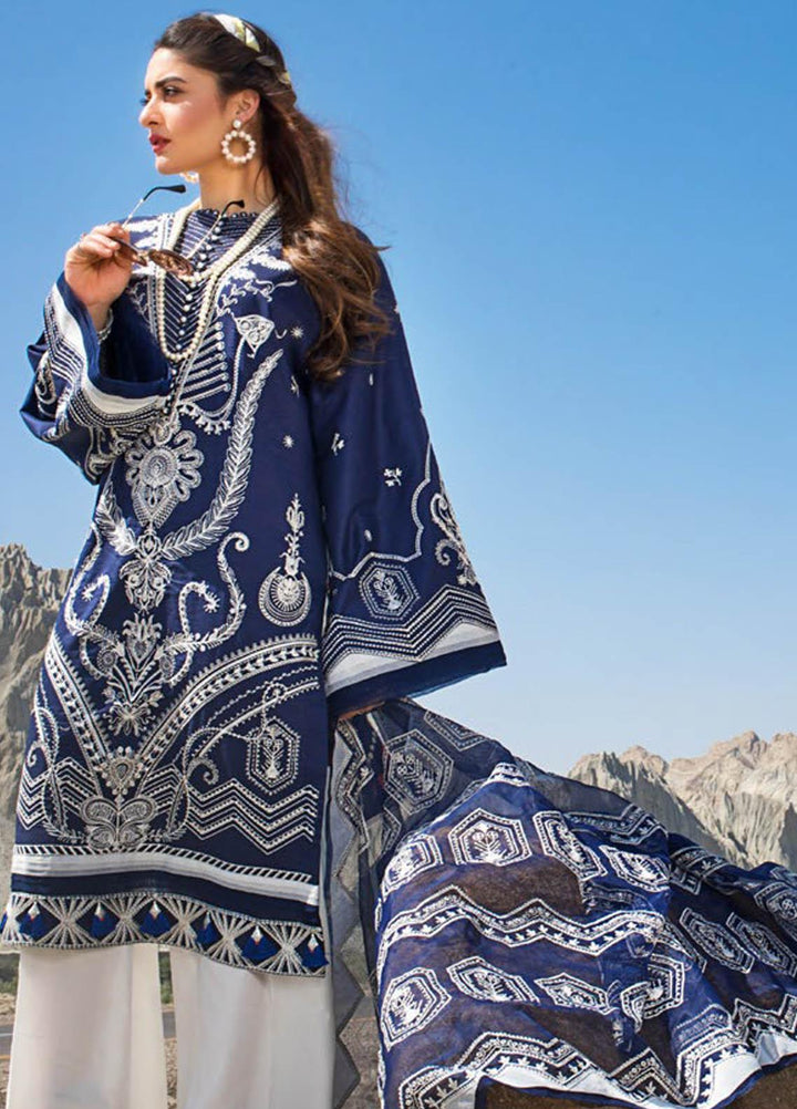 Erum Khan Embroidered Lawn Suits Unstitched 3 Piece EK21L 07 Magestic Indigo - Luxury Summer Collection