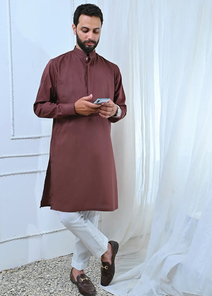 Ethnic Wear by Alif Yay Plain Cotton Suit 2 Piece Brown Kurta and White Pajama - Mens Collection