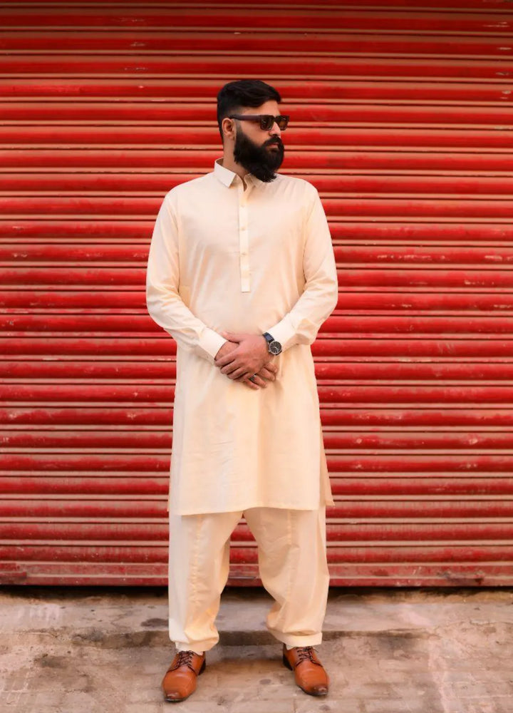 Ethnic Wear by Alif Yay Plain Cotton Suit 2 Piece Cream Kameez Shalwar - Mens Collection