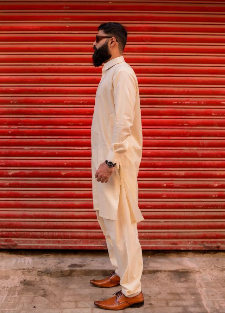 Ethnic Wear by Alif Yay Plain Cotton Suit 2 Piece Cream Kameez Shalwar - Mens Collection