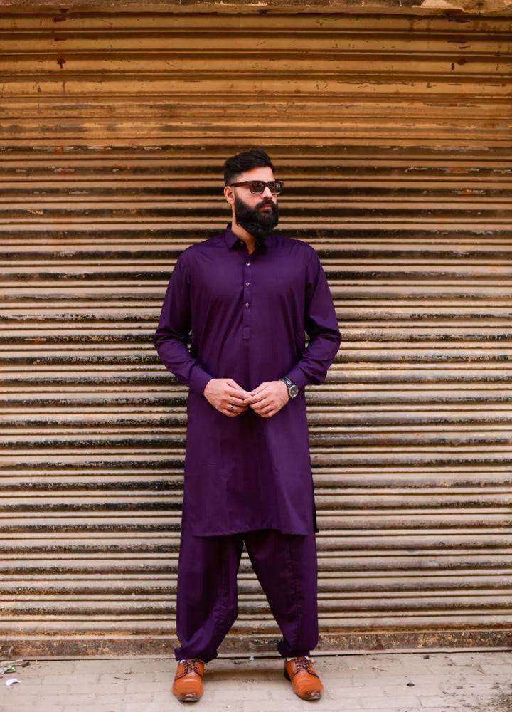 Ethnic Wear by Alif Yay Plain Cotton Suit 2 Piece Purple Kameez Shalwar - Mens Collection