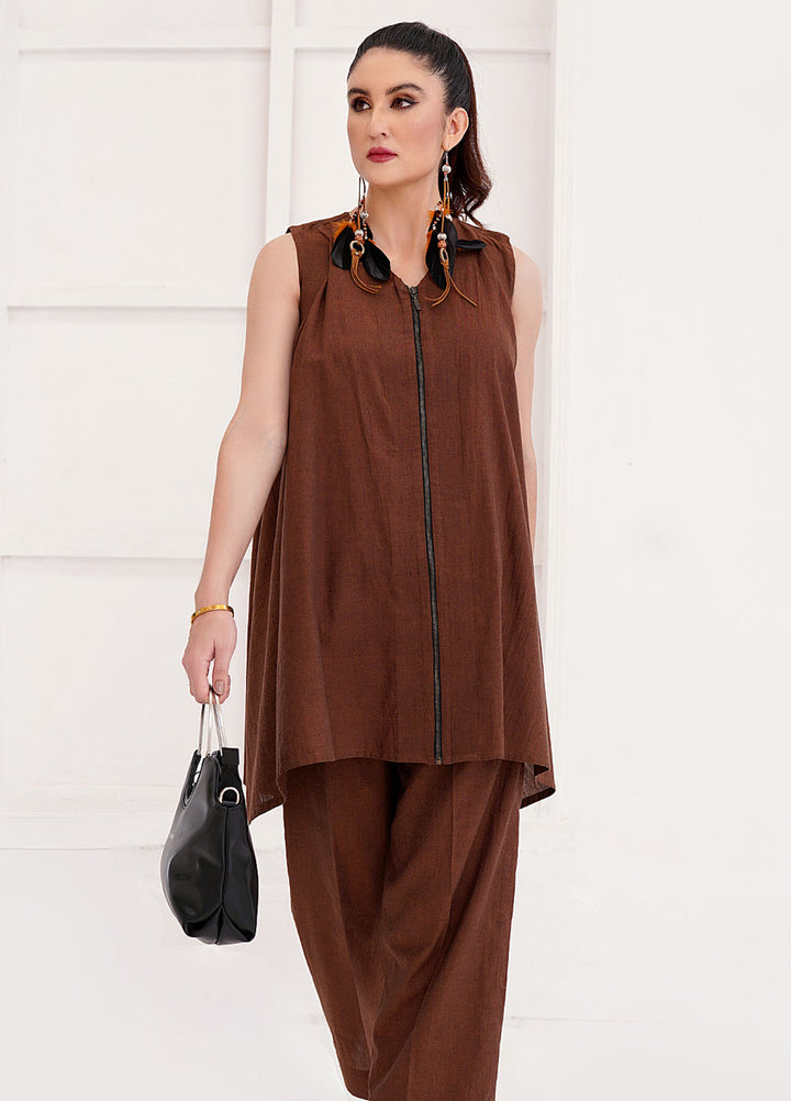 Farah Agha Pret Handwoven Solid Cotton 2 Piece Suit Clay