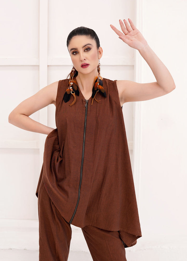 Farah Agha Pret Handwoven Solid Cotton 2 Piece Suit Clay