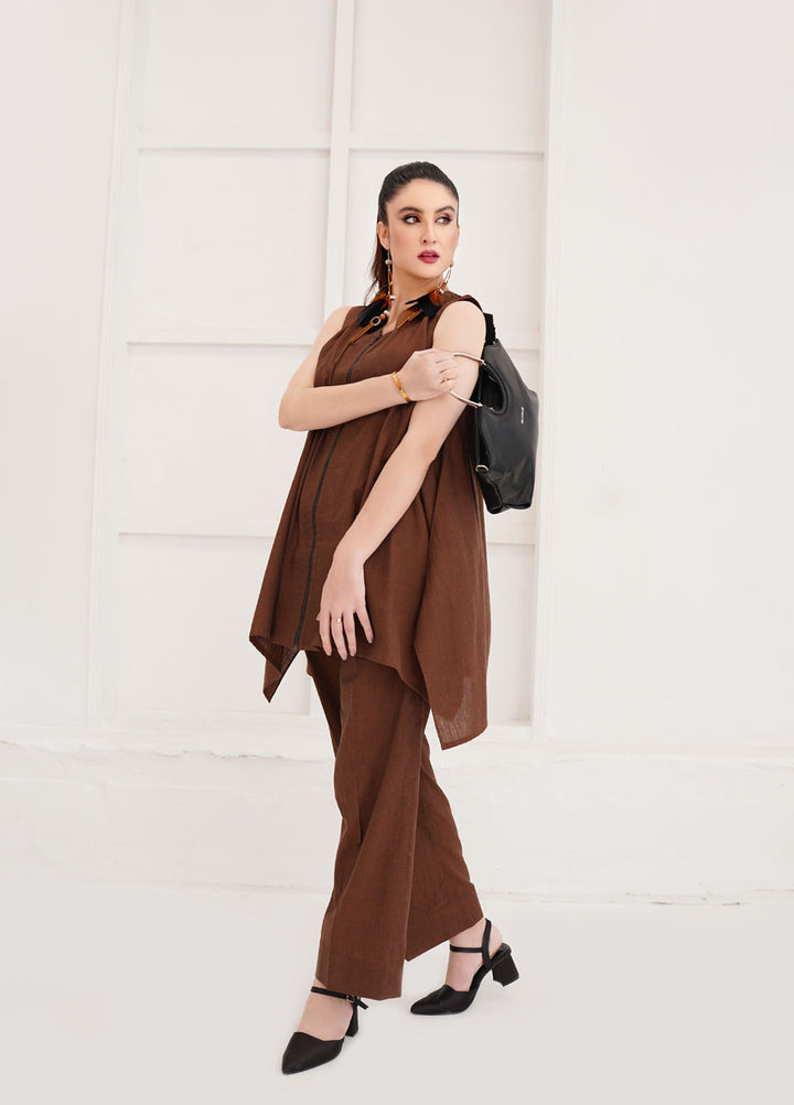 Farah Agha Pret Handwoven Solid Cotton 2 Piece Suit Clay