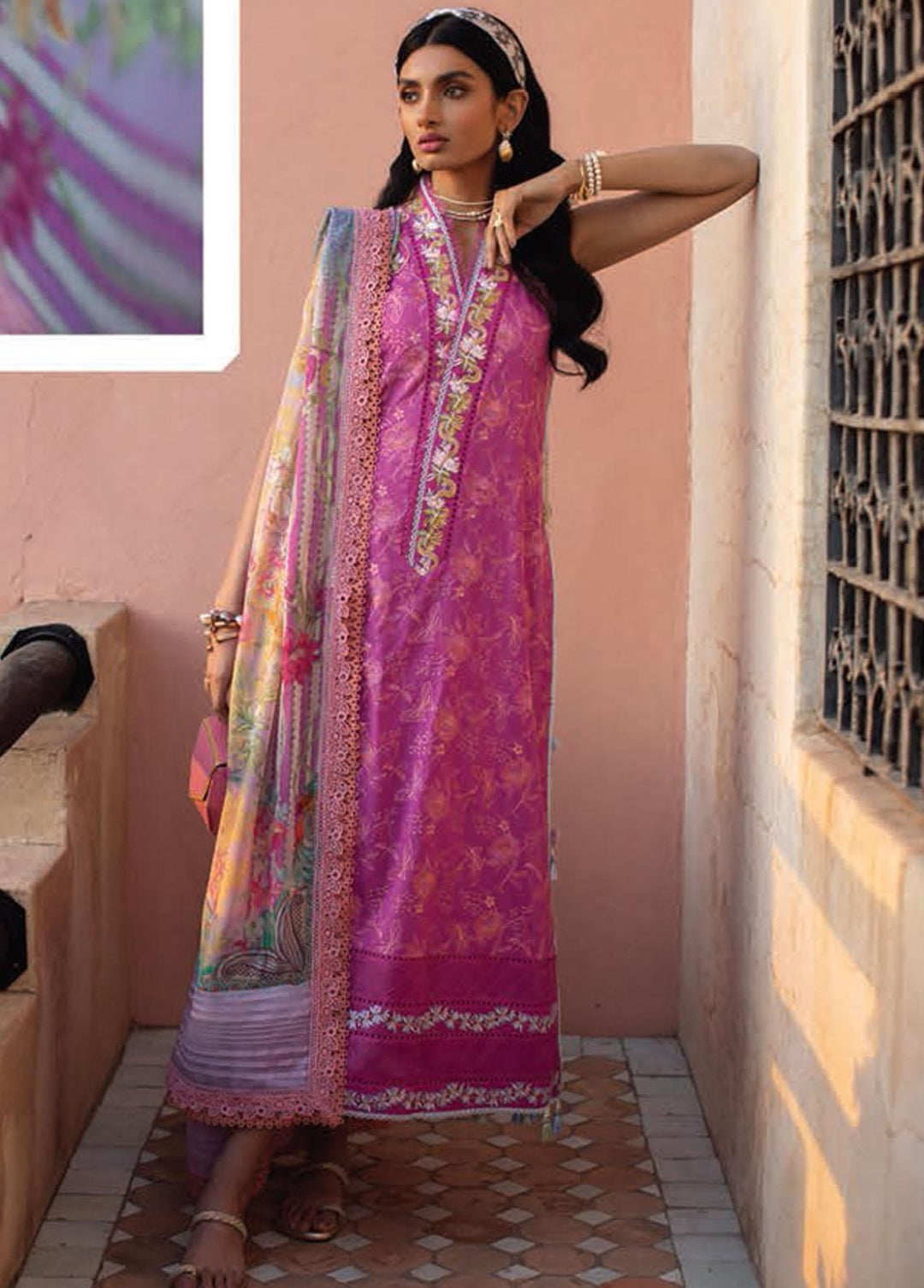 Kesh By Farah Talib Aziz Embroidered Lawn Suits Unstitched 3 Piece FTA23K FTA-03 Merrakech Magenta - Luxury Collection