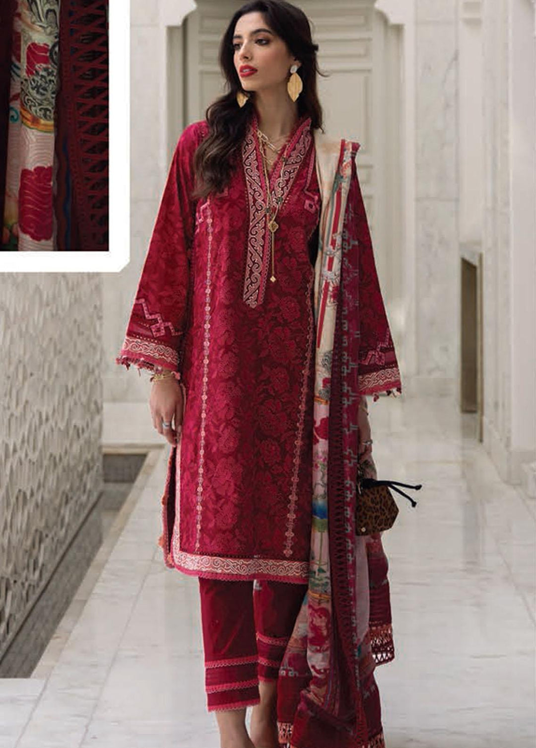 Kesh By Farah Talib Aziz Embroidered Lawn Suits Unstitched 3 Piece FTA23K FTA-07 Zeitoun Red - Luxury Collection