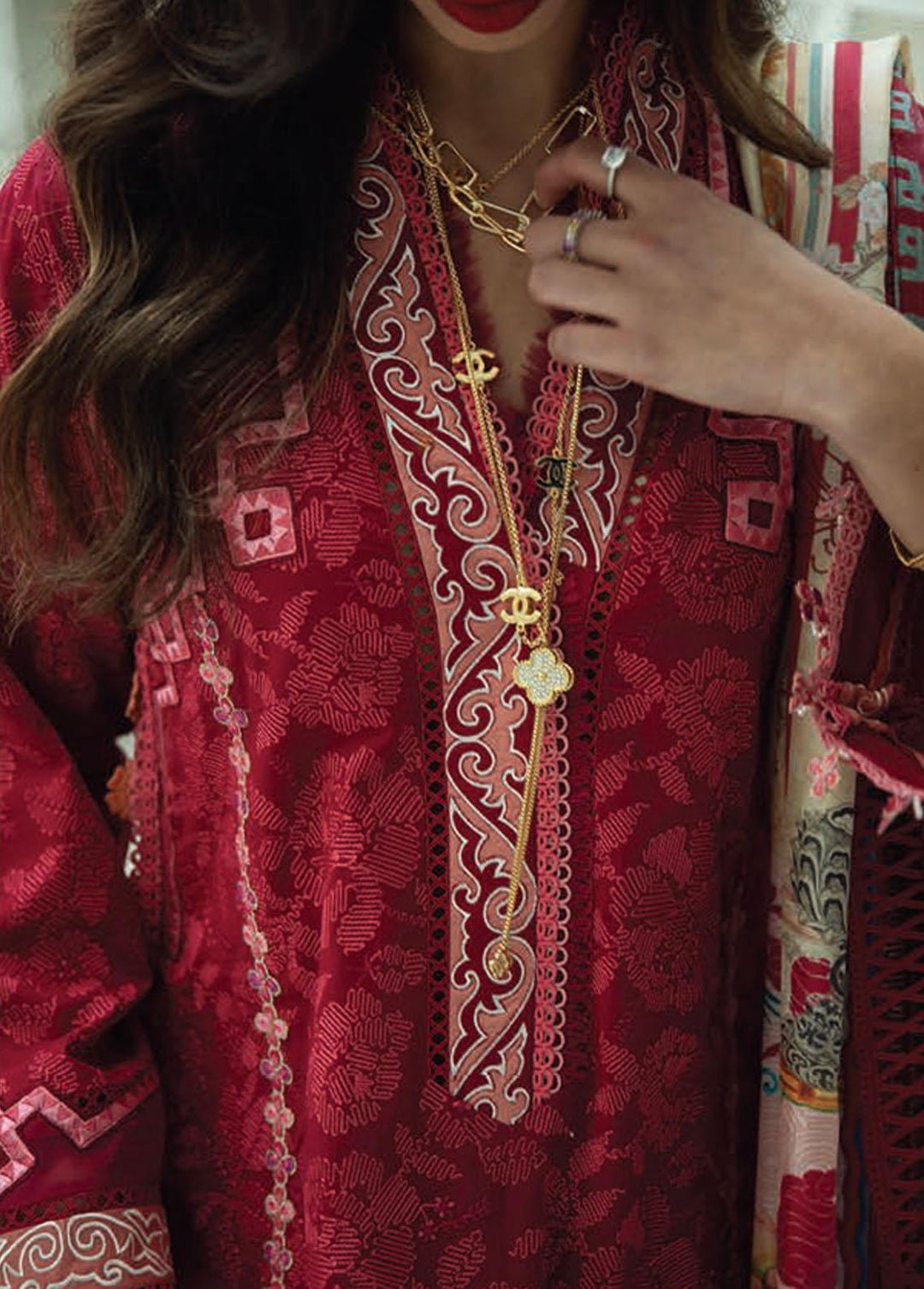 Kesh By Farah Talib Aziz Embroidered Lawn Suits Unstitched 3 Piece FTA23K FTA-07 Zeitoun Red - Luxury Collection