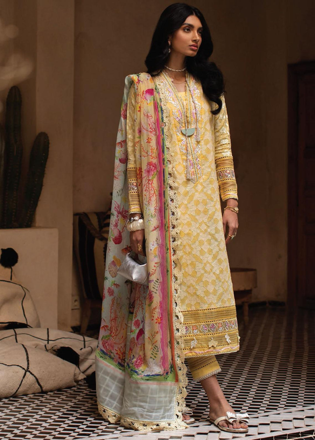 Kesh By Farah Talib Aziz Embroidered Lawn Suits Unstitched 3 Piece FTA23K FTA-12 Bahia Sun - Luxury Collection