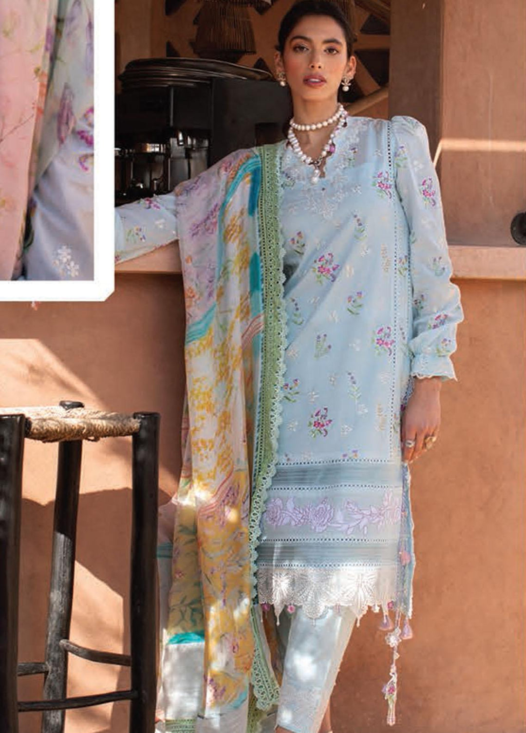 Kesh By Farah Talib Aziz Embroidered Lawn Suits Unstitched 3 Piece FTA23K FTA-13 Bia Sky - Luxury Collection