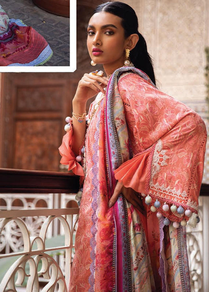 Kesh By Farah Talib Aziz Embroidered Lawn Suits Unstitched 3 Piece FTA23K FTA-15 Villa Coral - Luxury Collection