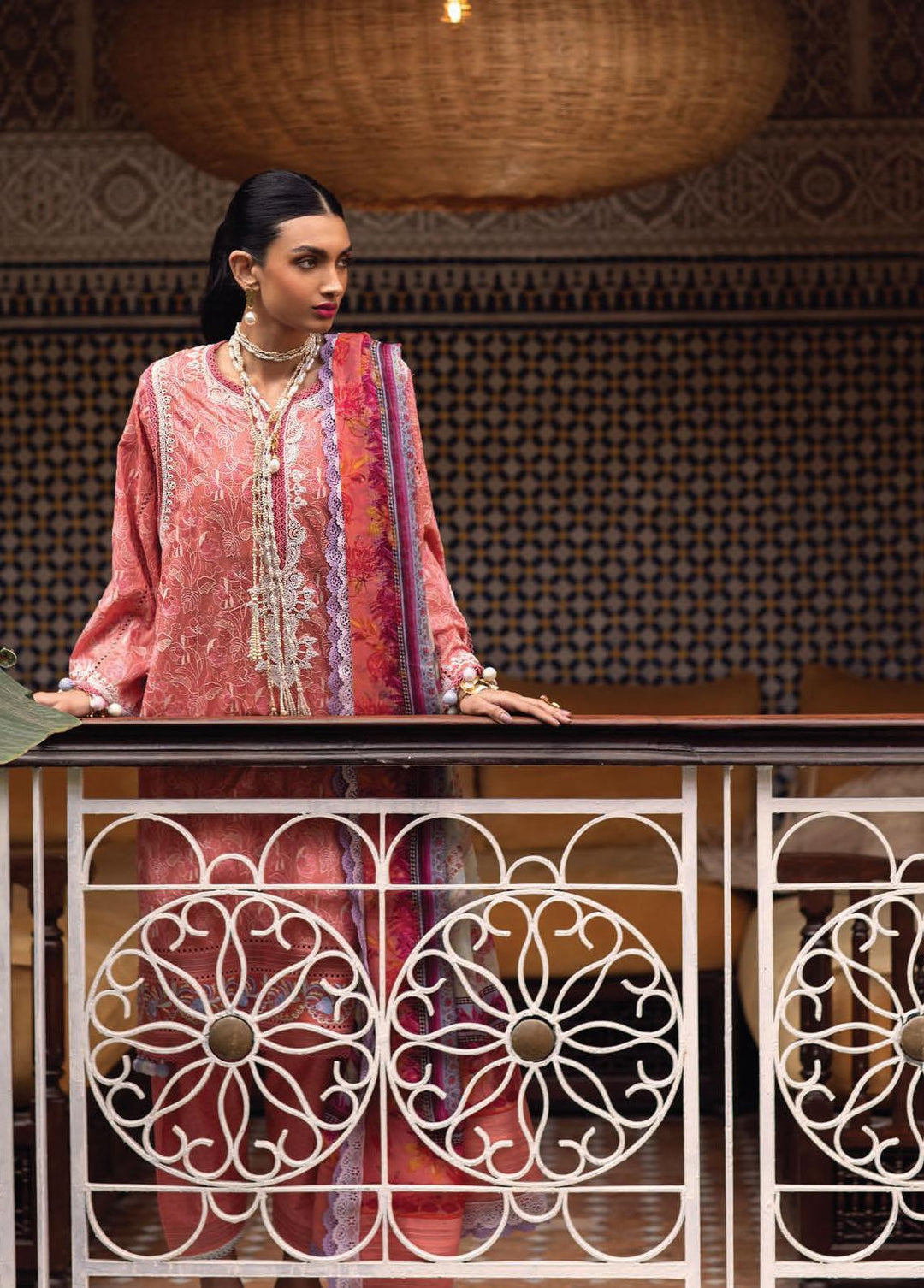 Kesh By Farah Talib Aziz Embroidered Lawn Suits Unstitched 3 Piece FTA23K FTA-15 Villa Coral - Luxury Collection