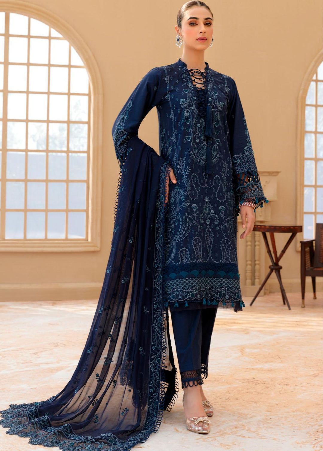 Farasha Embroidered Lawn Suit Unstitched 3 Piece FSH22FL 06 Midnight Blue - Festive Collection