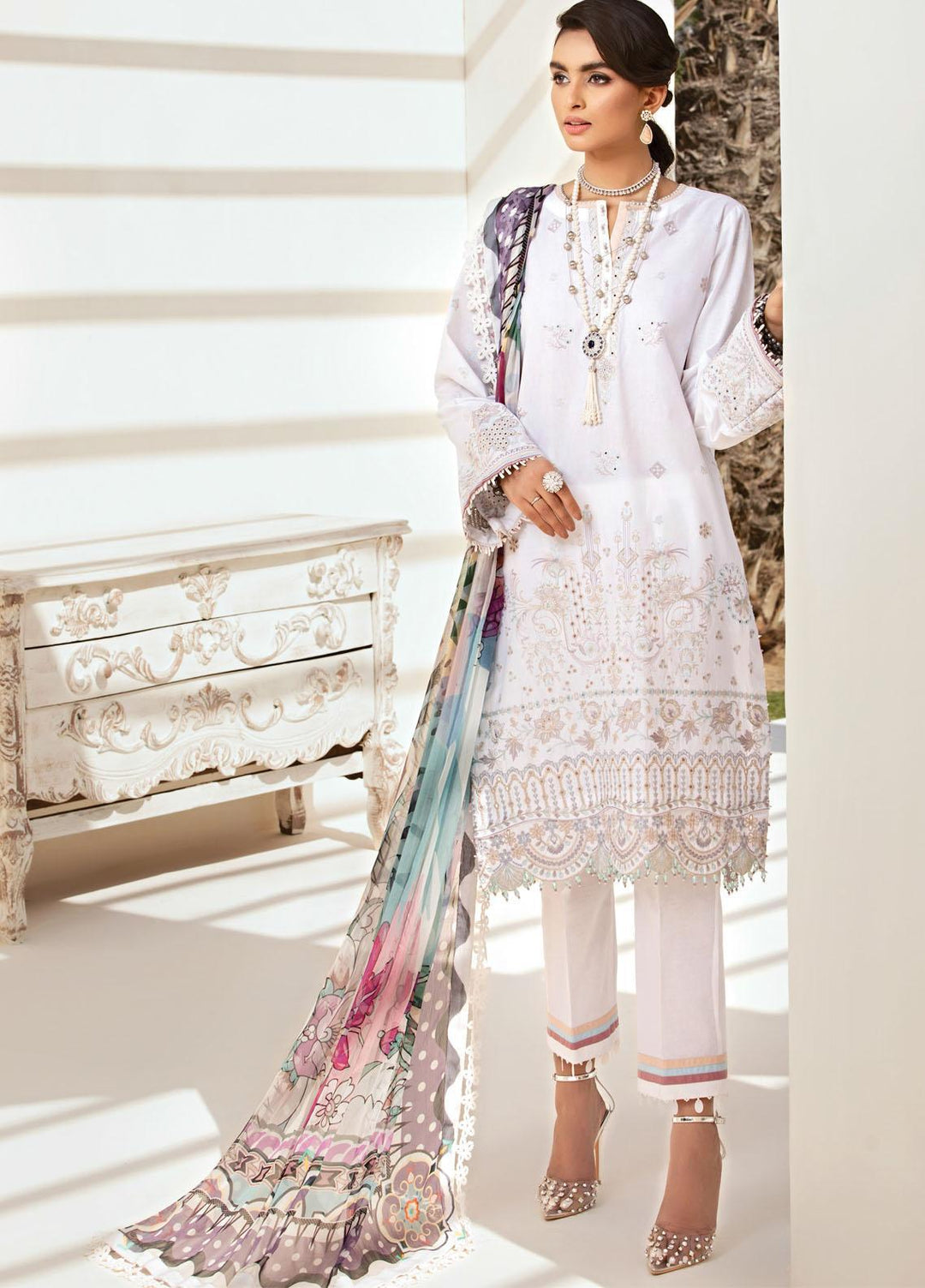 Farasha Embroidered Lawn Suits Unstitched 3 Piece FSH21-L2 02 Mystic Ivory - Festive Collection