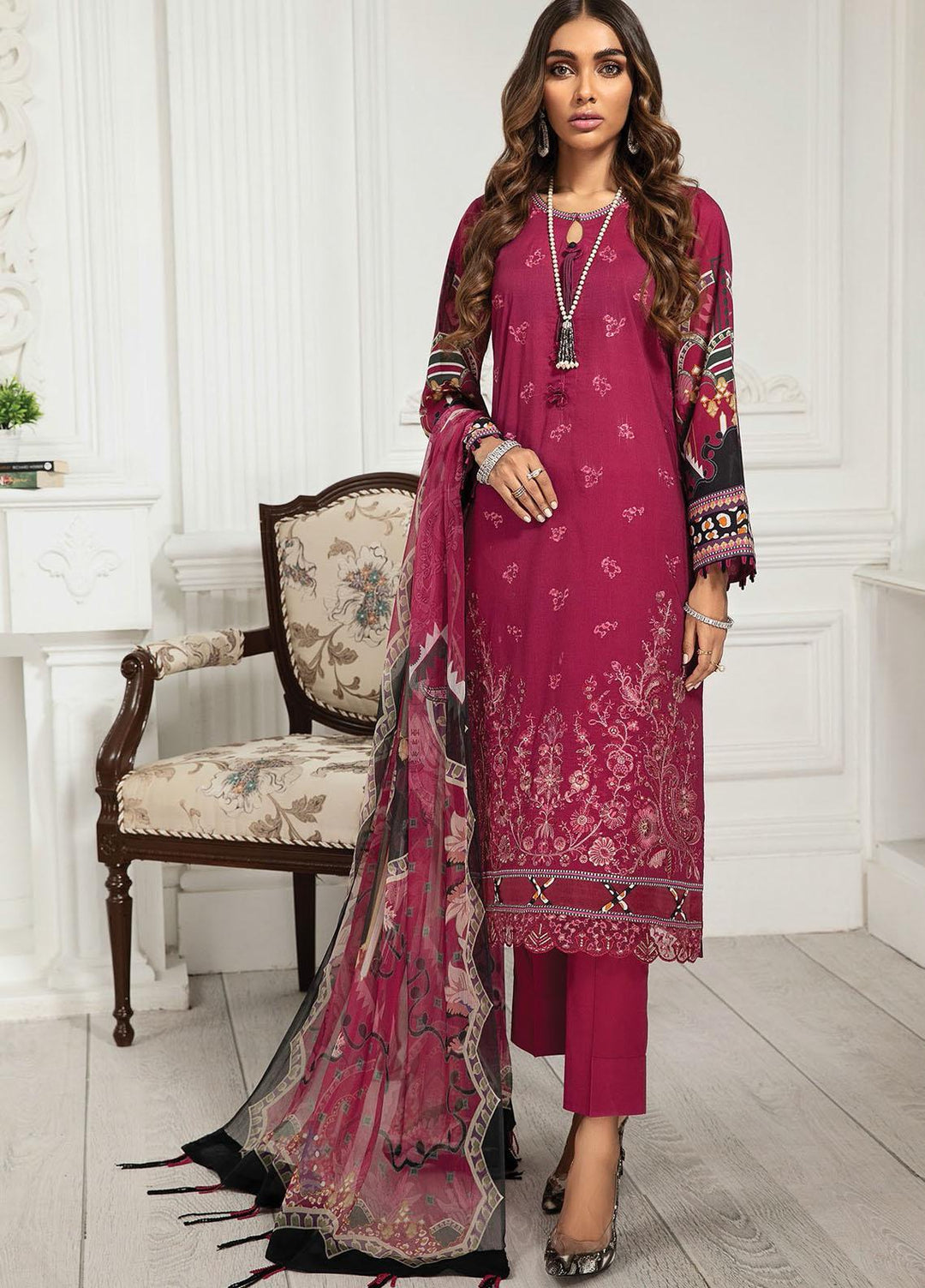 Farasha Embroidered Lawn Suits Unstitched 3 Piece FSH21-L3 06 Fuchsia Rose - Festive Collection