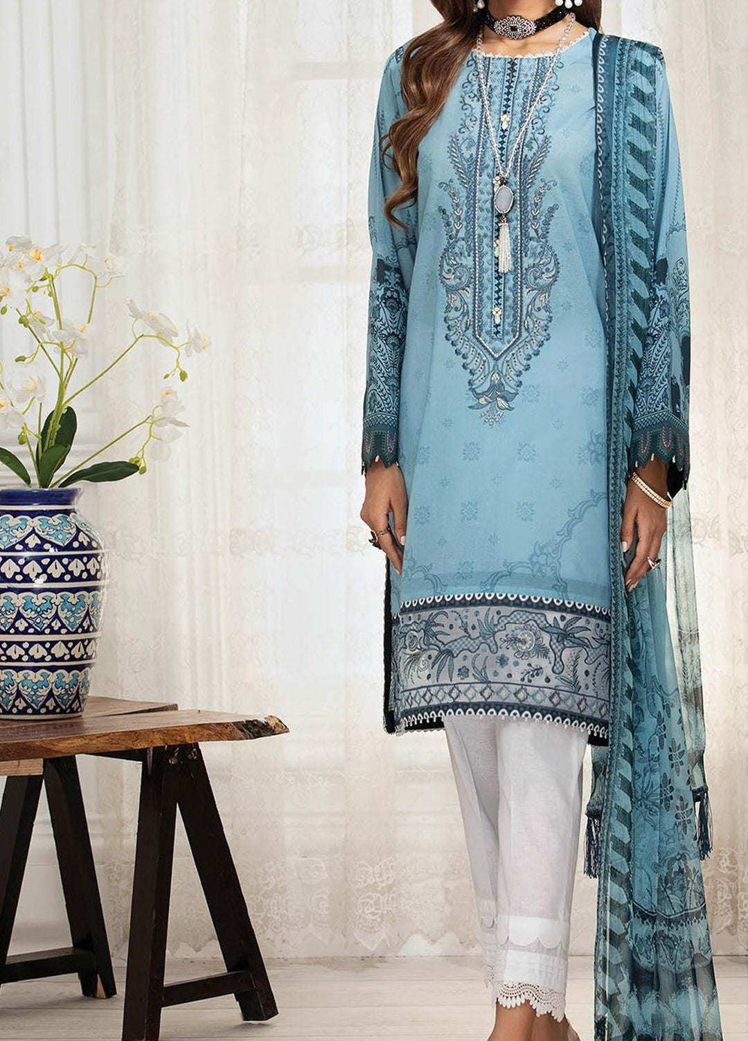 Farasha Embroidered Lawn Suits Unstitched 3 Piece FSH21-L3 07 Ocean Wave - Festive Collection