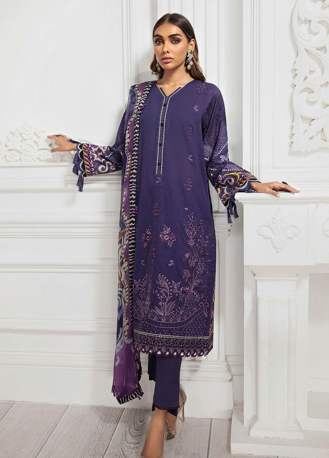 Farasha Embroidered Lawn Suits Unstitched 3 Piece FSH21-L3 09 Amethyst - Festive Collection