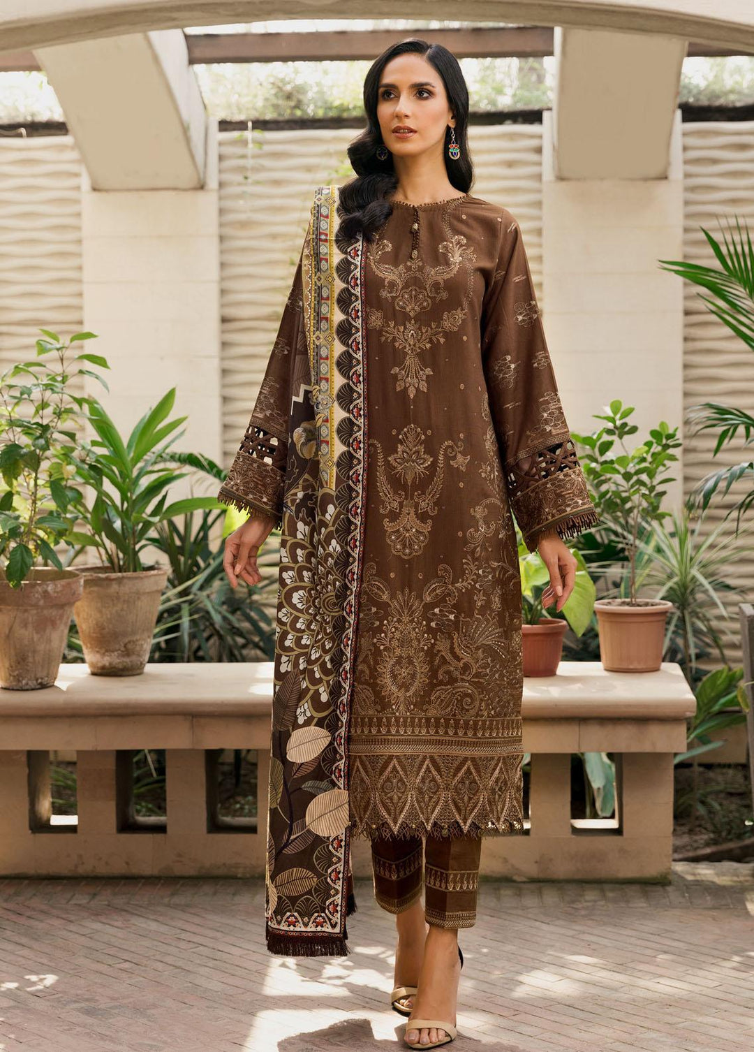 Farasha Embroidered Khaddar Suits Unstitched 3 Piece FSH21K 08 Brown Heather - Winter Collection