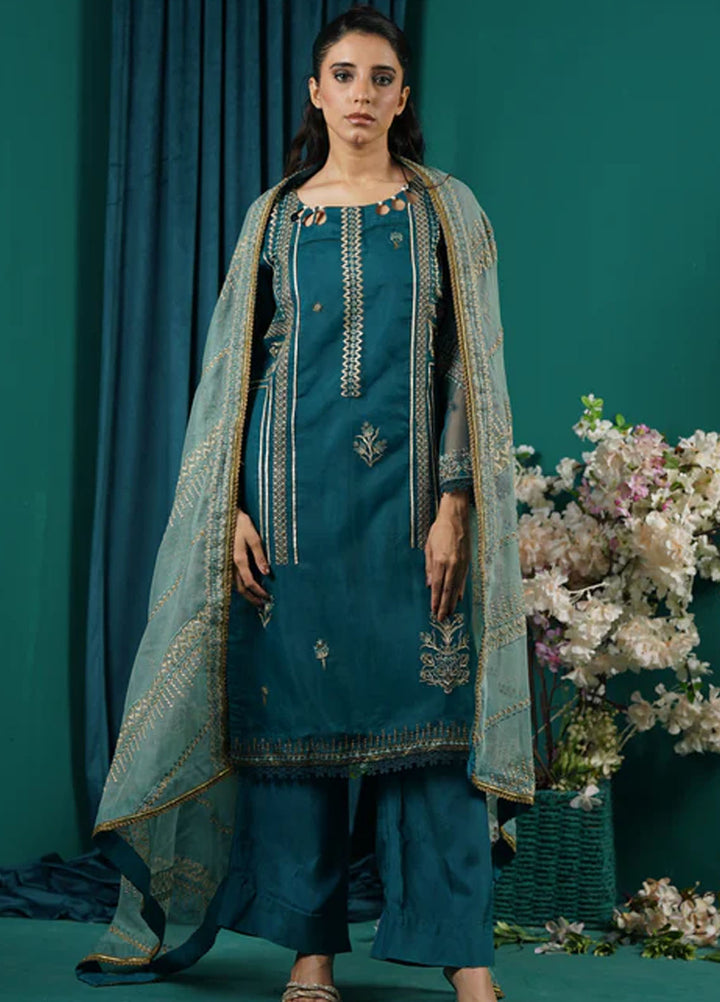 Fascino Embroidered Organza Suits Unstitched 3 Piece Persian Green - Festive Collection