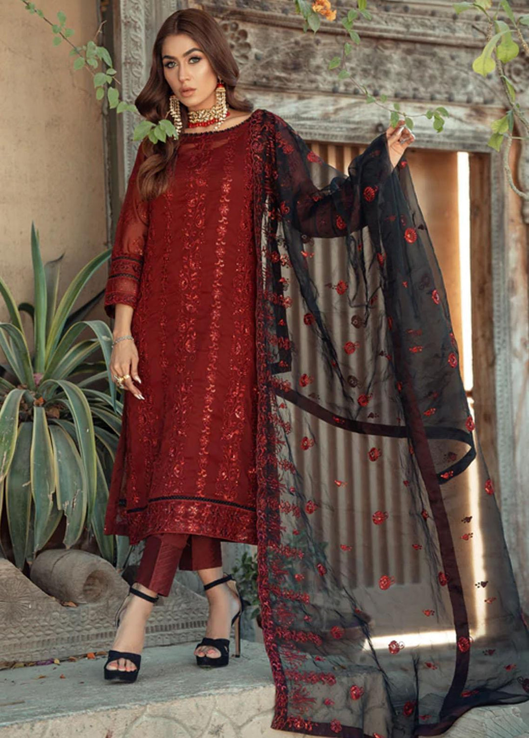LA FLORA By Fascino Embroidered Chiffon Suits Unstitched 3 Piece FN22-LF3 DESIRING RUBY - Luxury Collection