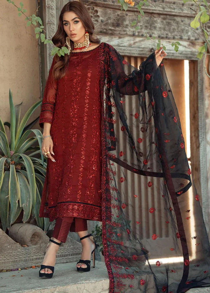 Fascino Pret Embroidered Chiffon 3 Piece Suit Desiring Ruby