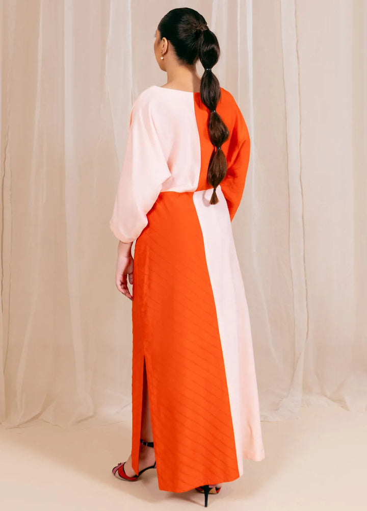 Fozia Khalid Luxury Pret Raw Silk Kaftan Coral Bloom