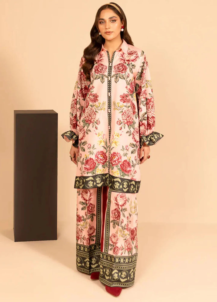 Fozia Khalid Pret Casual Khaadi Silk 2 Piece Suit Coral