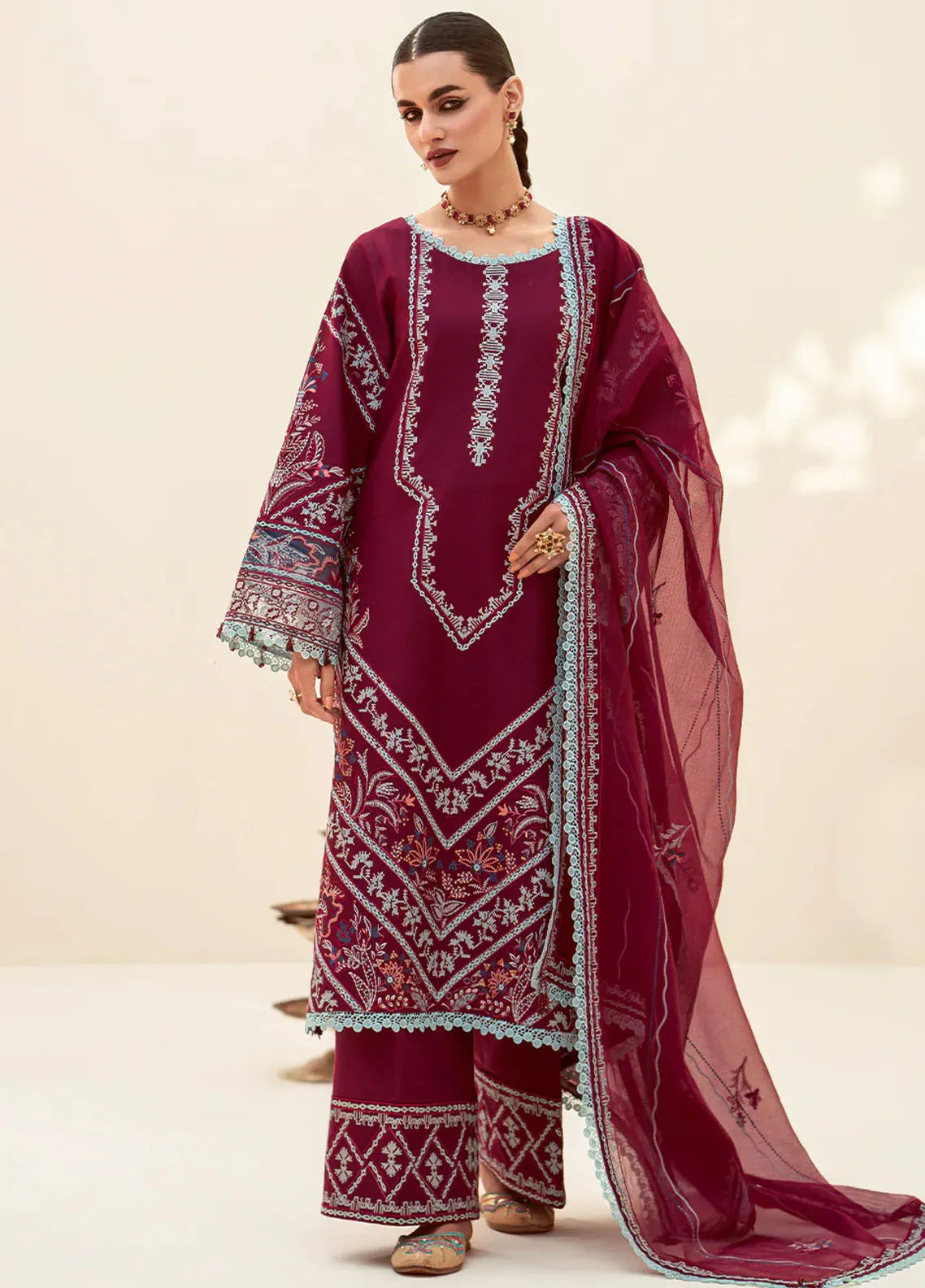 Fozia Khalid Pret Embroidered Organza 3 Piece Suit Crepe Rose