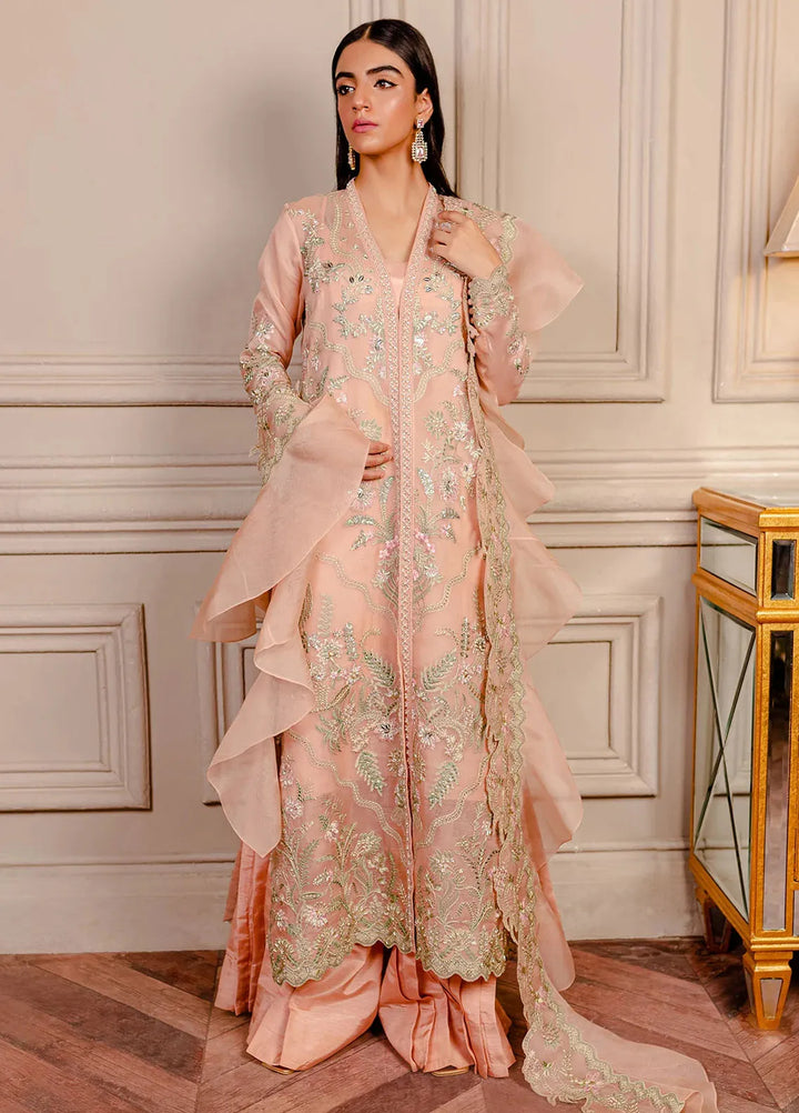 Fozia Khalid Pret Embroidered Organza 3 Piece Suit Juliet Peach