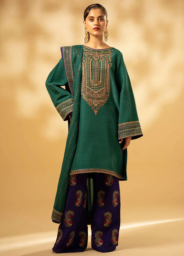 Fozia Khalid Pret Embroidered Raw Silk 3 Piece Suit Emerald Craftsmanship