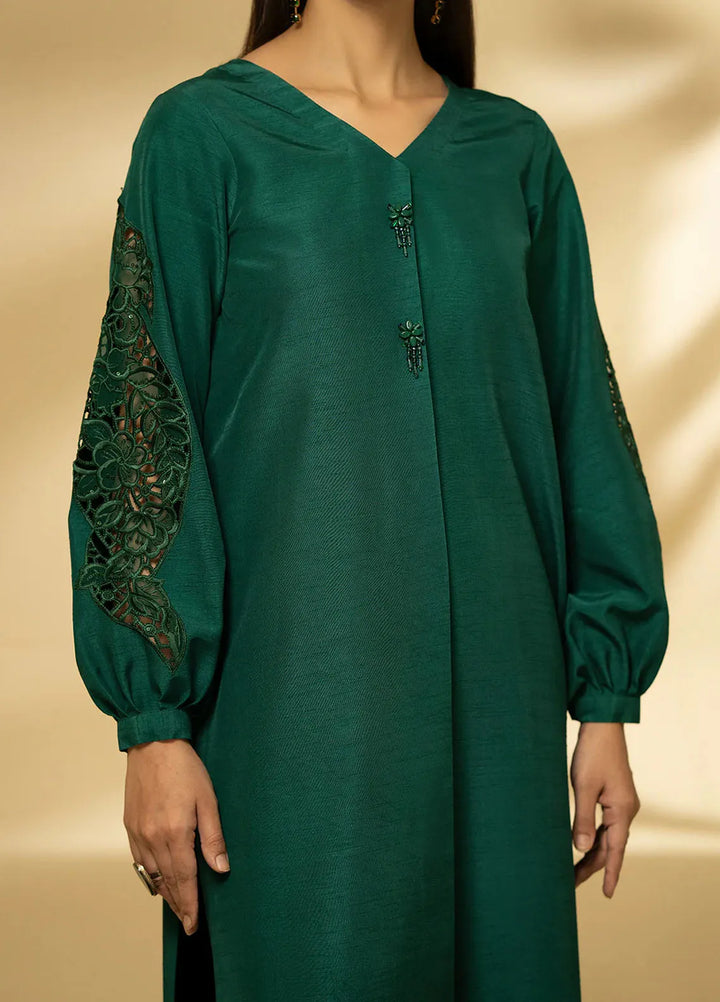 Fozia Khalid Pret Embroidered Raw Silk 3 Piece Suit Emerald Symphony