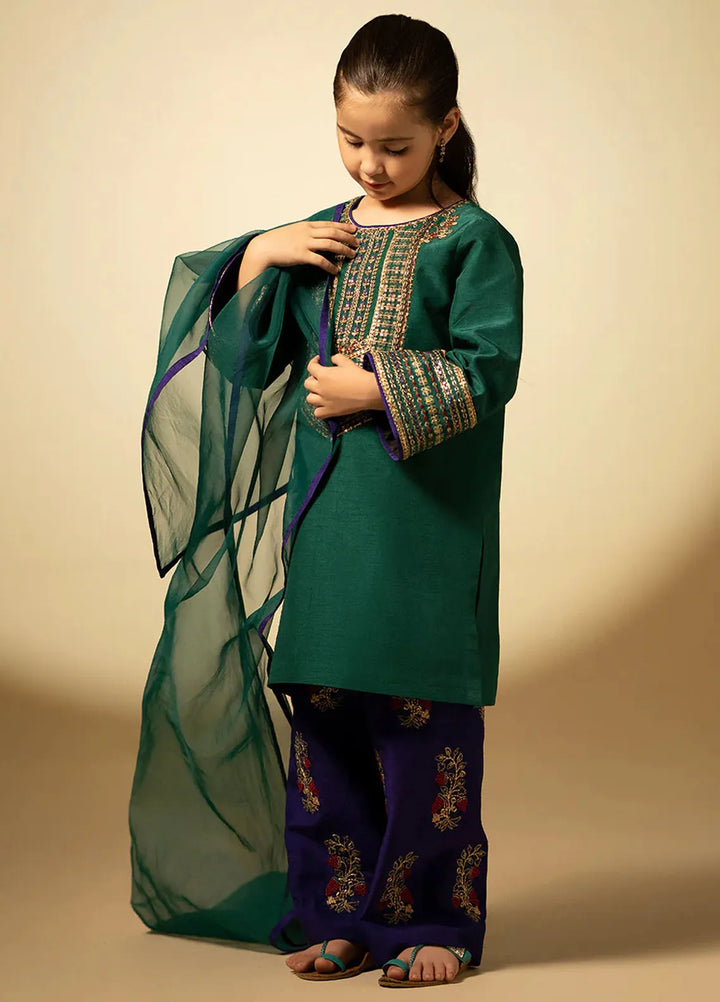 Fozia Khalid Pret Embroidered Raw Silk 3 Piece Suit For Kids Emerald Craftmanship
