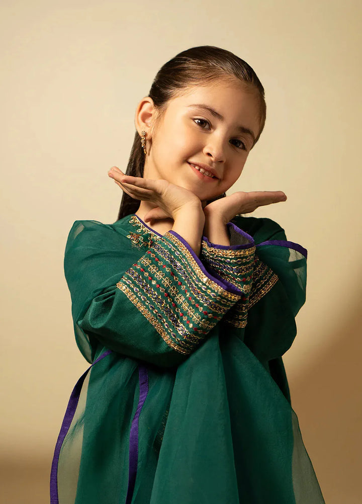 Fozia Khalid Pret Embroidered Raw Silk 3 Piece Suit For Kids Emerald Craftmanship