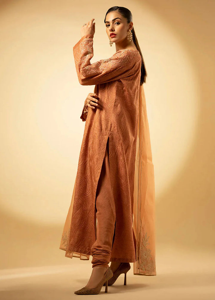 Fozia Khalid Pret Embroidered Raw Silk 3 Piece Suit Peach Hues