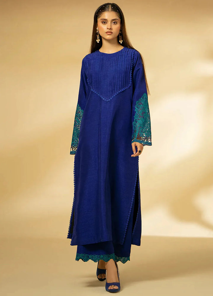 Fozia Khalid Pret Embroidered Raw Silk 3 Piece Suit Sapphire Elegance