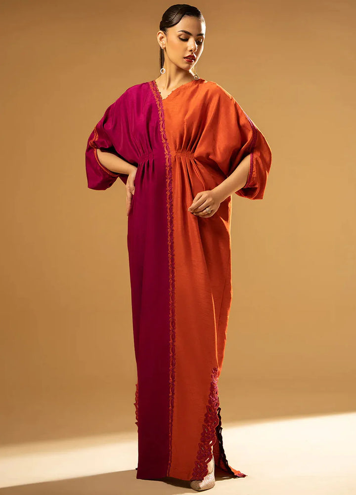 Fozia Khalid Pret Embroidered Raw Silk Kaftan Split-Tone Kaftan