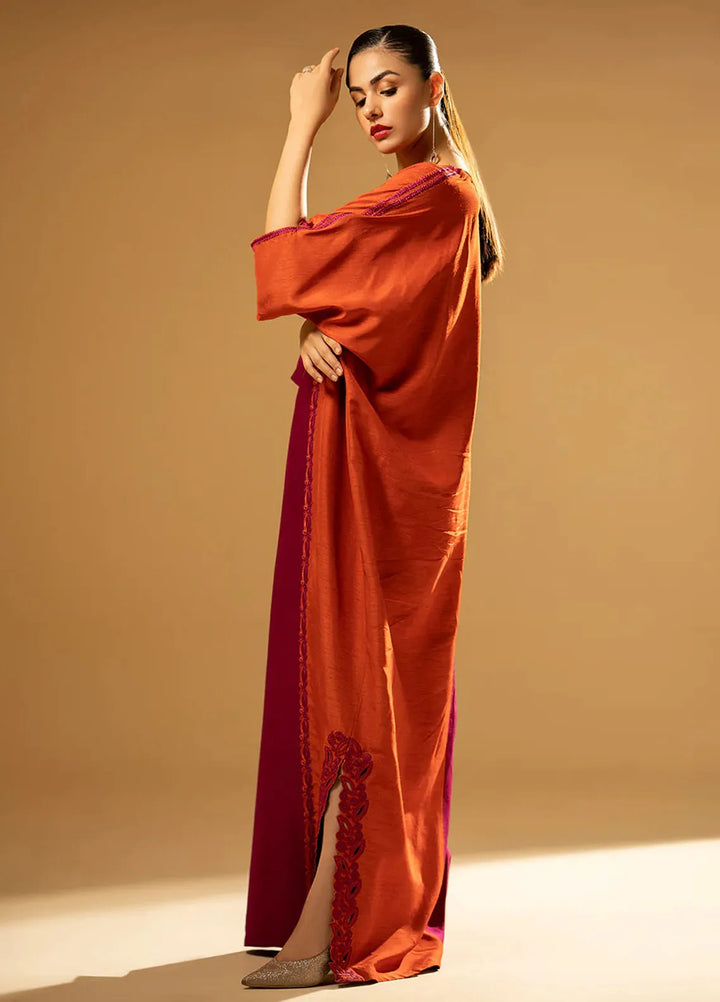 Fozia Khalid Pret Embroidered Raw Silk Kaftan Split-Tone Kaftan